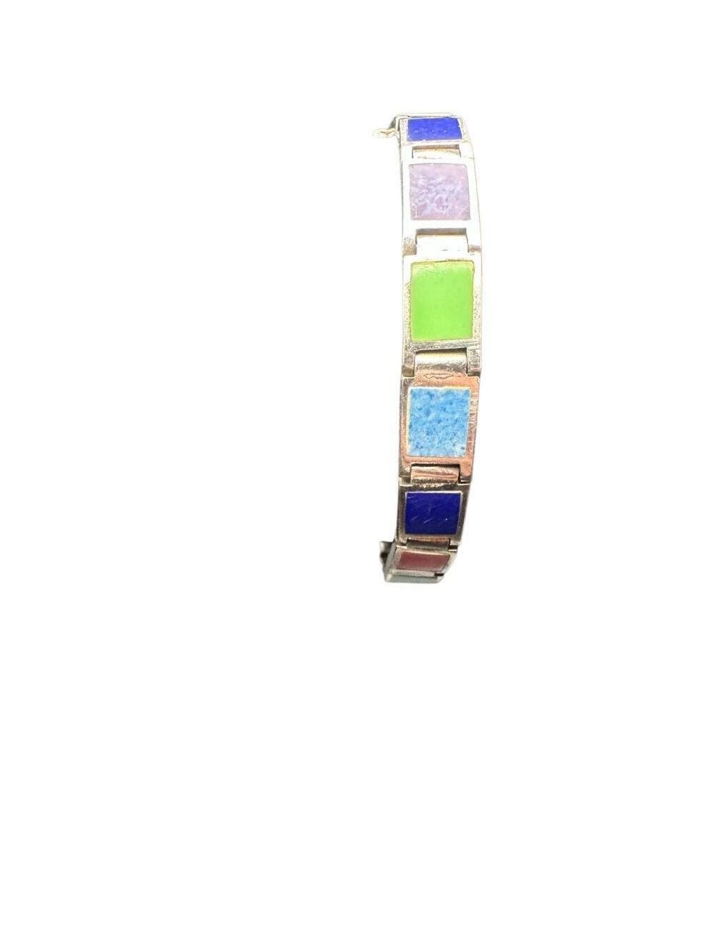 VTG FAS 925 Sterling Silver Multi-Stone Inlay Link Bracelet Rainbow